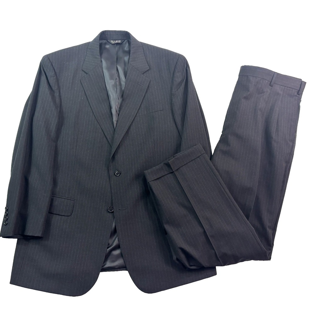 Jos A Bank 44L 38x31 2pc Pant Suit Charcoal Pinstripe 100% Wool Classic Mens